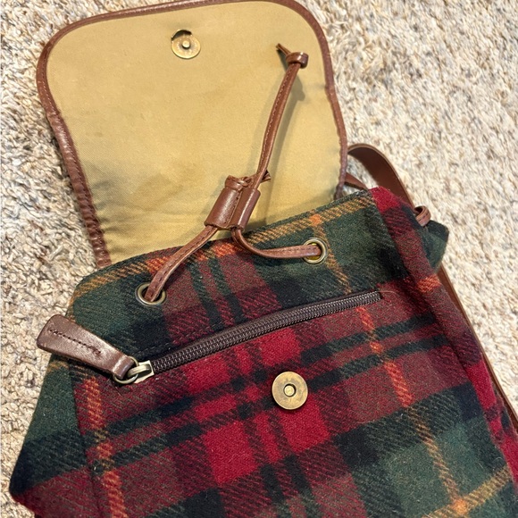 L.L. Bean Vintage Red and Green Plaid Backpack with Brown Leather - Picture 4 of 14